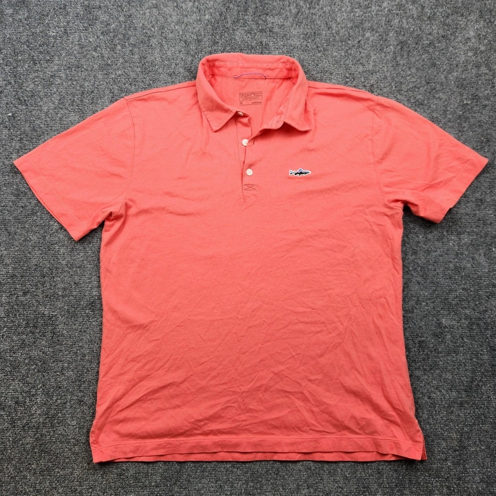 Patagonia‎ Polo Shirt Mens Medium Pink Short Sleeve Logo Casual Jersey Knit